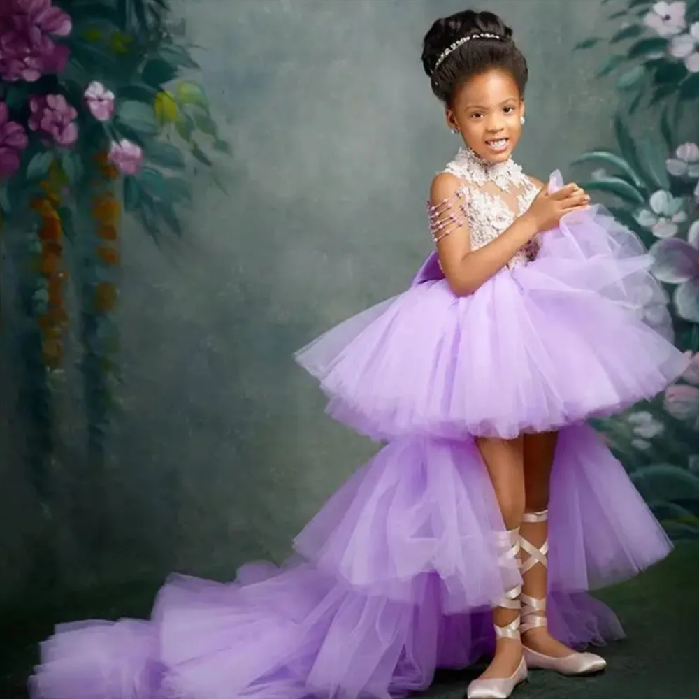 

Lavender Flower Girl Wedding Dress Fluffy With Beaded Appliques Kids Birthday Assymetrical Layered Pageant Party Evening Gown