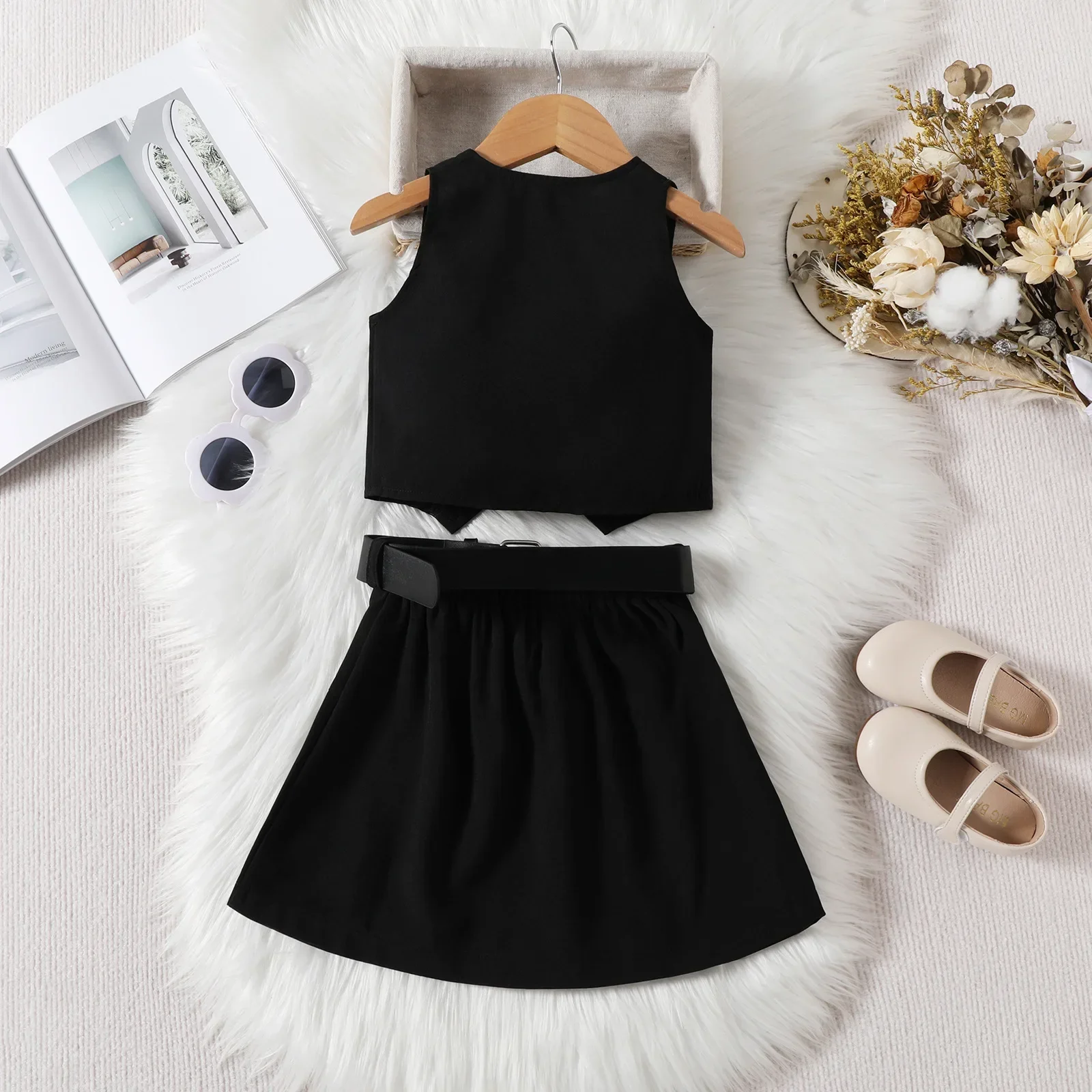 Girl Dress Sleeveless Button Girls Paired Black Pleated Fashion Kid Skirt Leather Look Belt Three Piece Outfit Children Dress