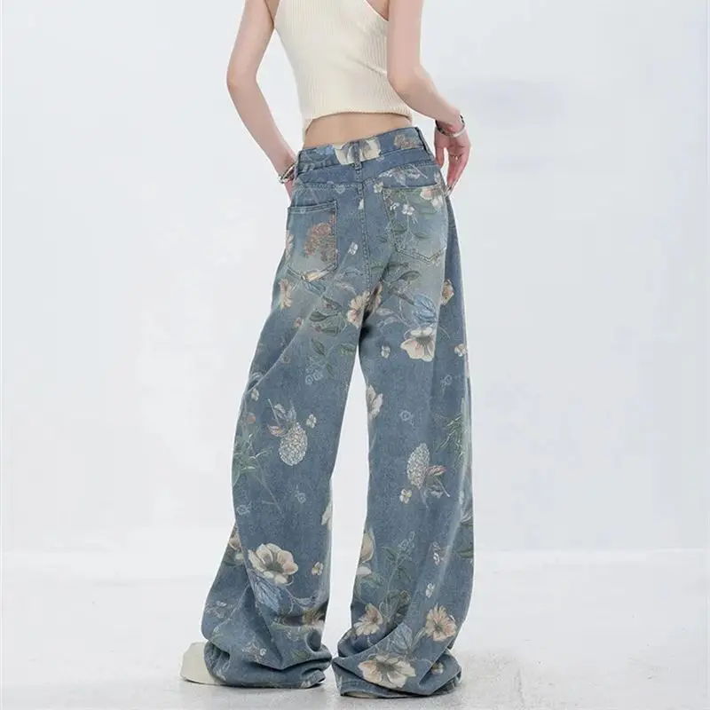 Bedrukte gescheurde jeans Amerikaans 2025, zomer, nieuw retro-design, nis, losse wijde pijpen, vloerlengte, rechte pijpen, broek voor woon-werkverkeer WF