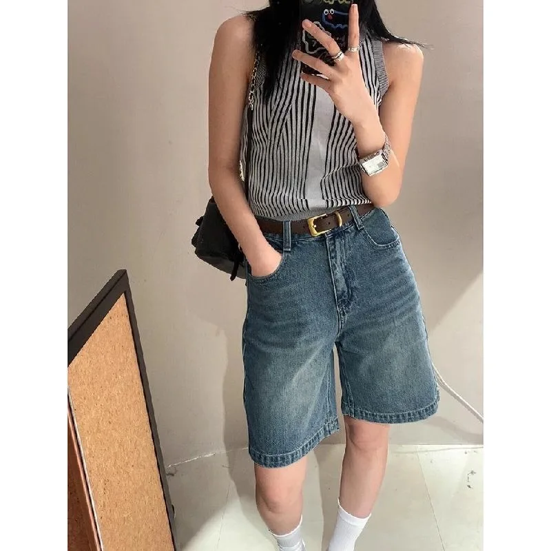 Women High Waist Denim Bermuda Shorts Loose Wide Leg Knee Length Casual Summer Jeans For Petite