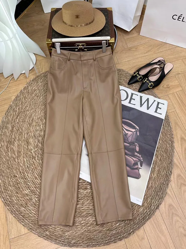 Women Pants Elegant 2024 New Fashion High Waist Genuine Leather Trousers Women Streetwear Luxury Designer