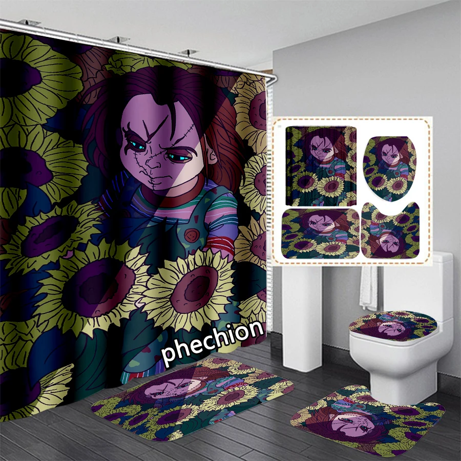 phechion New Fashion 3D Print Horror Chucky Shower Curtain Waterproof Bathroom Curtain Anti-slip Bath Mat Set Toilet Rugs VR267