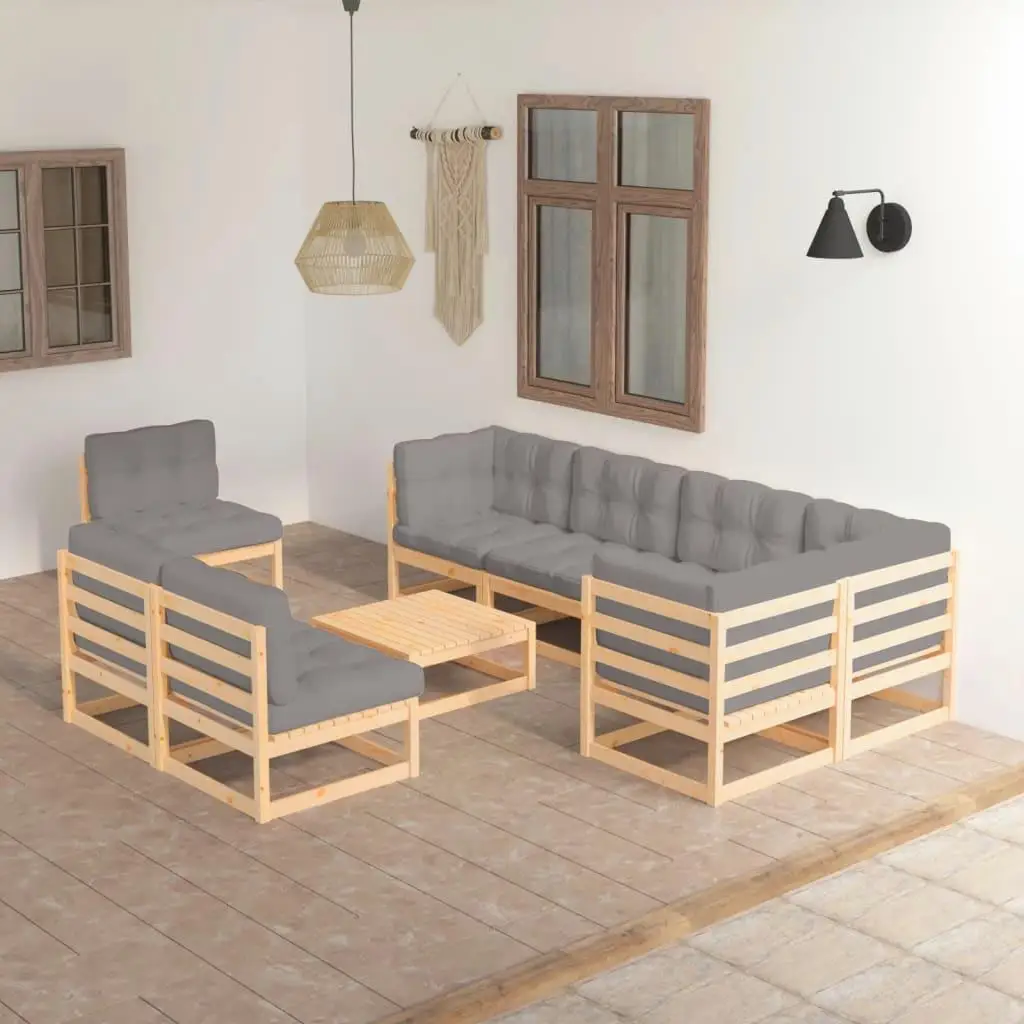 9-Piece Solid Wood Pine Patio Lounge Set with Cushions - Stylish Outdoor Furniture