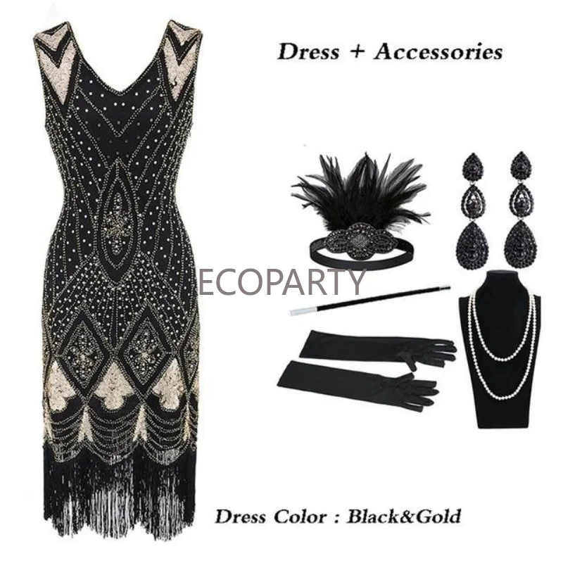 2023 Fashion Women\'s 1920s Flapper Dress Great Gatsby Party Evening Sequins Fringed Dresses Gown Dress with 20s Accessories Set