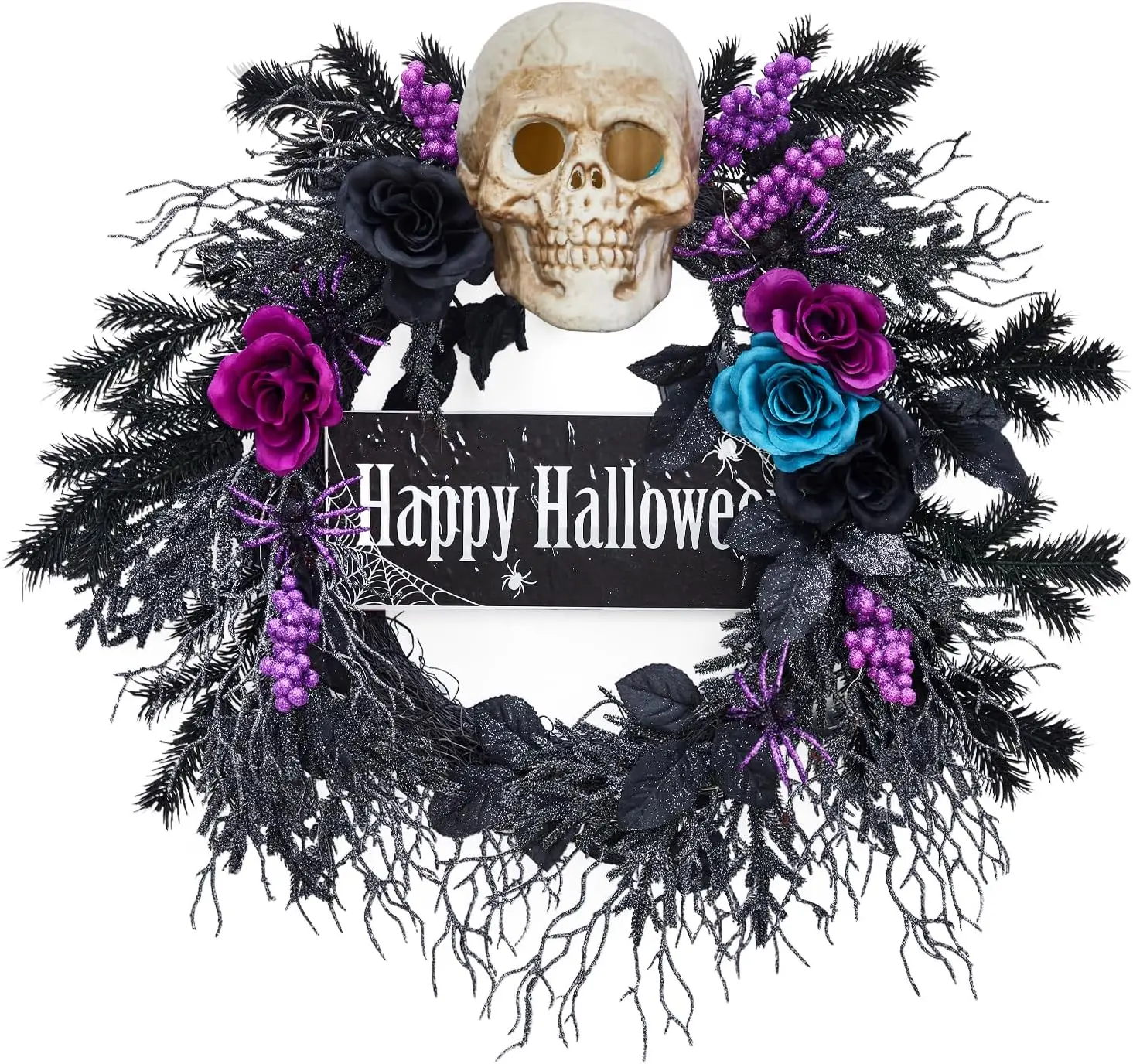 

22'' Halloween Wreath for Front Door Halloween Skull Wreath with Lights, Spooky Halloween Wreaths with Black Blue Purple Flowers