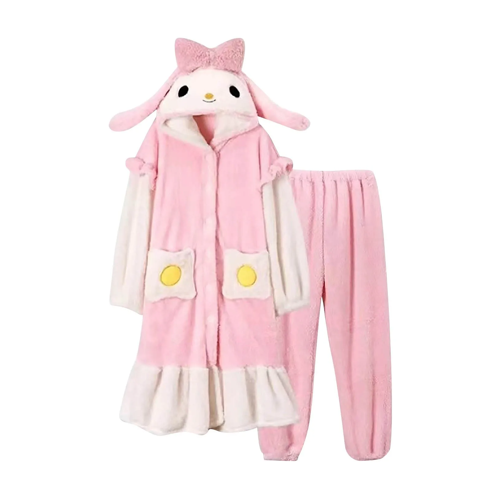 Flannel Pajamas Sleepwear Set Robe Thick Long Home Clothes Winter And Autumn Cute Cartoon Thicken Pajama Set For Lady