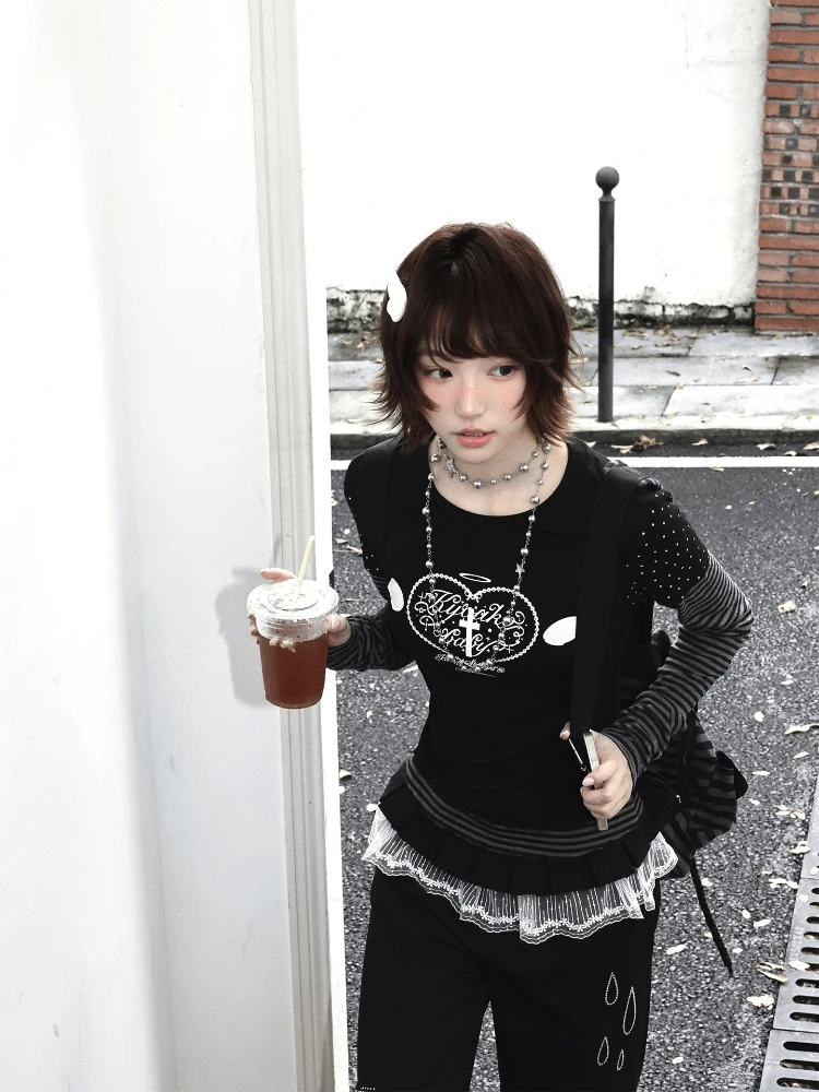 

HOUZHOU Y2k Black Vintage Graphic Women T-Shirts Harajuku Sweet Striped Long Sleeve Polka Dot Japanese Style Tees Slim Casual