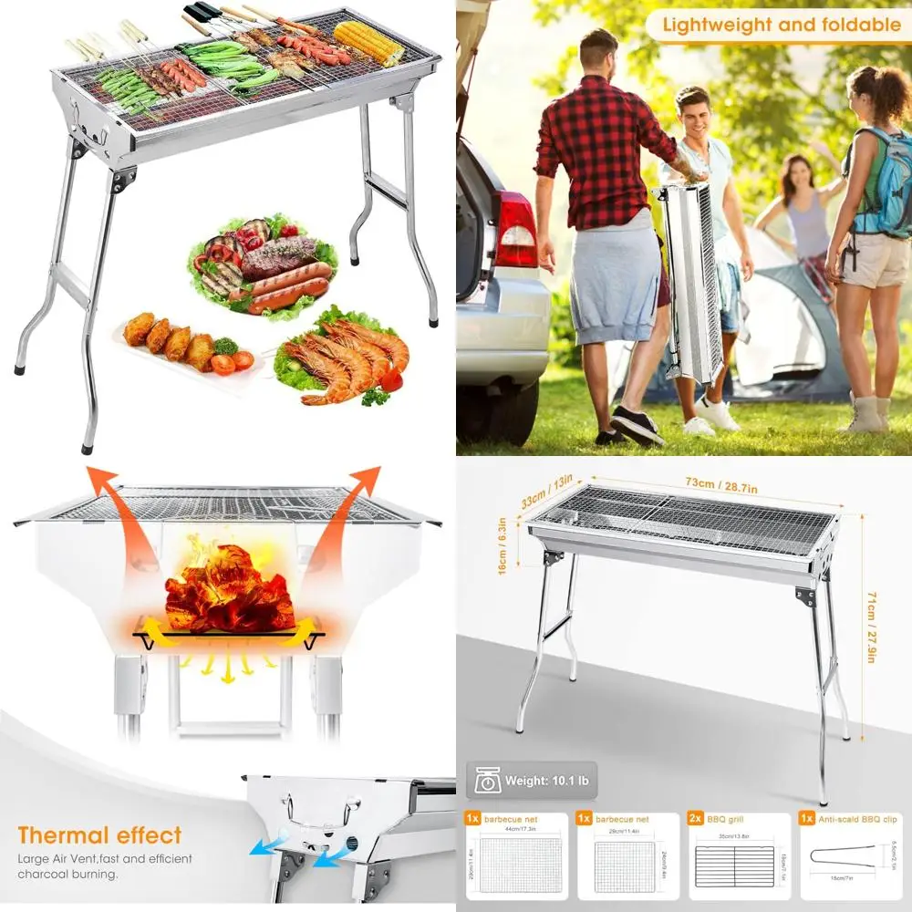 

Портативный складной гриль-барбекю из нержавеющей стали — большой уличный угольный гриль для кемпинга и пеших прогулок