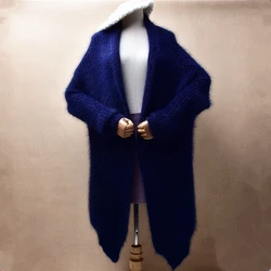 Women Mujer Autumn Winter Clothing Blue Hairy Angora Rabbit Hair Knitted Jersey Long Sleeves Loose Long Sweater Cardigans Jacket