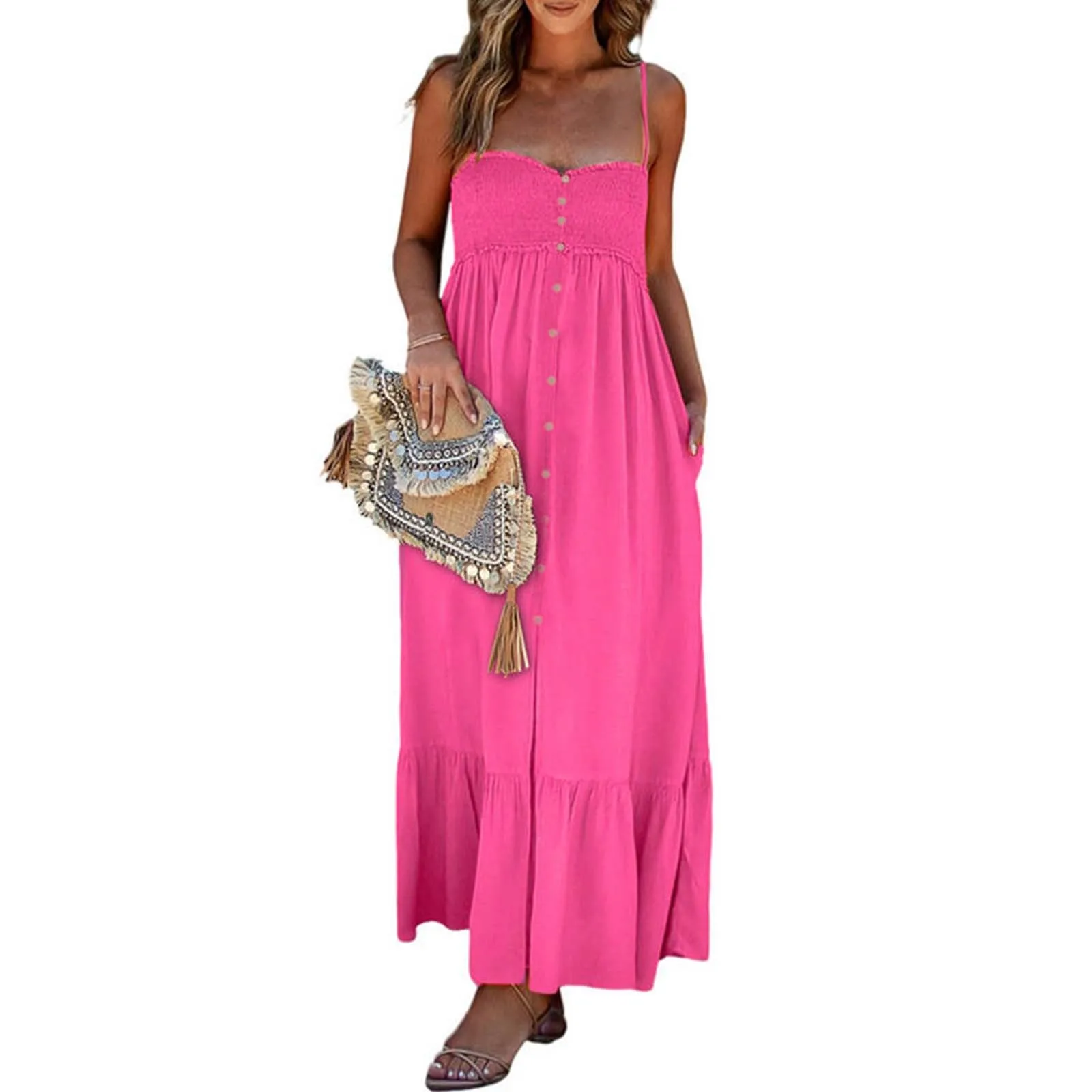 

Womens Summer Casual Dresses Sleeveless Spaghetti Strap Button Down Smocked Beach Long Maxi Dress With Dresses for Beaches