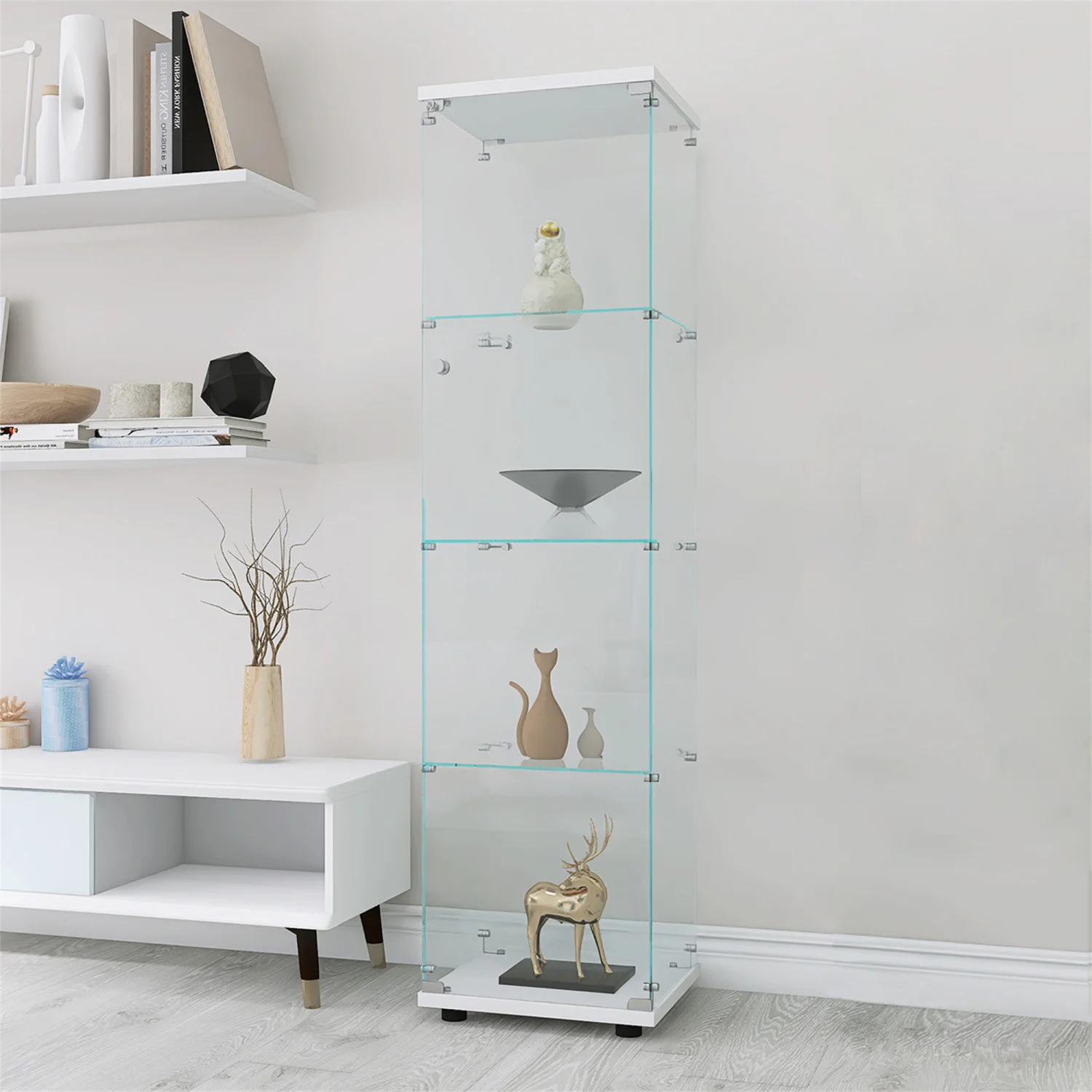 Glass Display Cabinet with One Door，4 Shelves，White - Showcase your items in style!