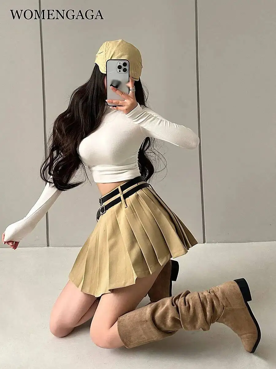 

WOMENGAGA Sexy High Waist Double Belt A-LINE Belt Safety Skirt Pleated Skirt Half Body Short Fashion Skorts Fashion Korean RA8B