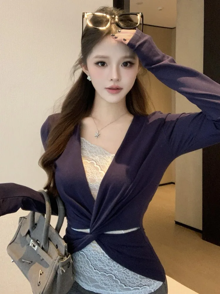 

Fashionable Long Sleeve T-Shirt Knitted Lace Splicing Base Shirt Women's Spring Citywalk Skin-friendly Breathable Cotton Top