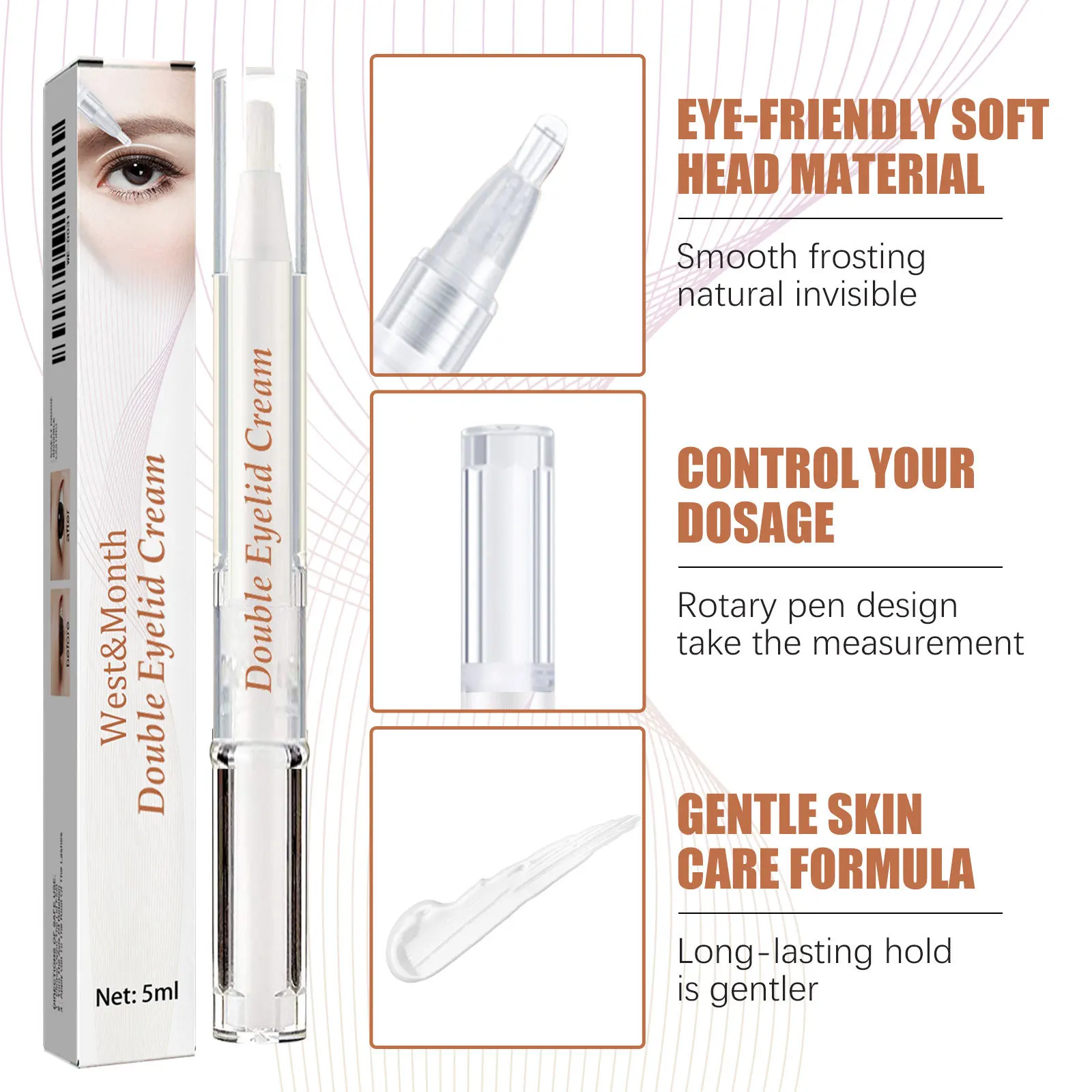 West Month Doppelte Augenlid-Styling-Creme, langlebig, wasserfest, schnell trocknend, Augenkontur-Make-up, unsichtbare Doppel-Augenlid-Formungscreme, 5 ml