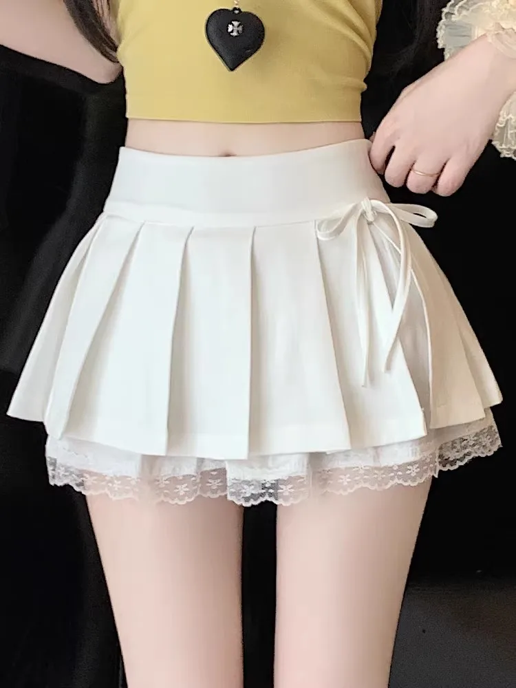 

Юбка-трапеция с высокой талией, повседневный стиль, из полиэстера, с кружевными вставками, короткая, для женщин и девушек, лето 2026, трендовая