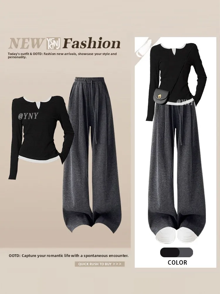 

Новинка 2026: Модный осенний комплект в стиле кэжуал для города — утягивающая футболка-обманка (имитация двойки) и брюки с высокой талией, скрывающие недостатки фигуры