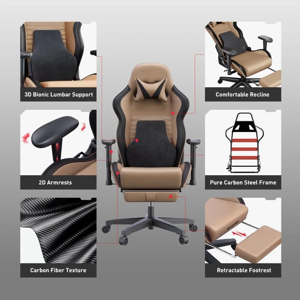 Brown computer chair with waist support, leather high backrest adjustable rotating task chair, with footstool,  GM