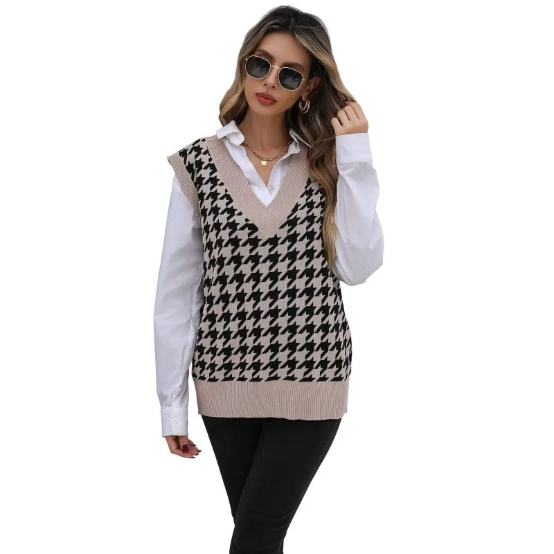 Autumn Winter  Women's Loose Knitted V-Ne Vest Cross-Border Cheered Pattern Layering Faionable Casualwear