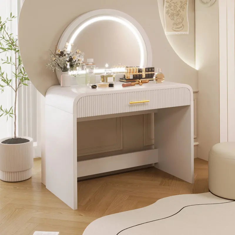 Simple curved LED dresser round makeup mirror lighting drawer table bedroom