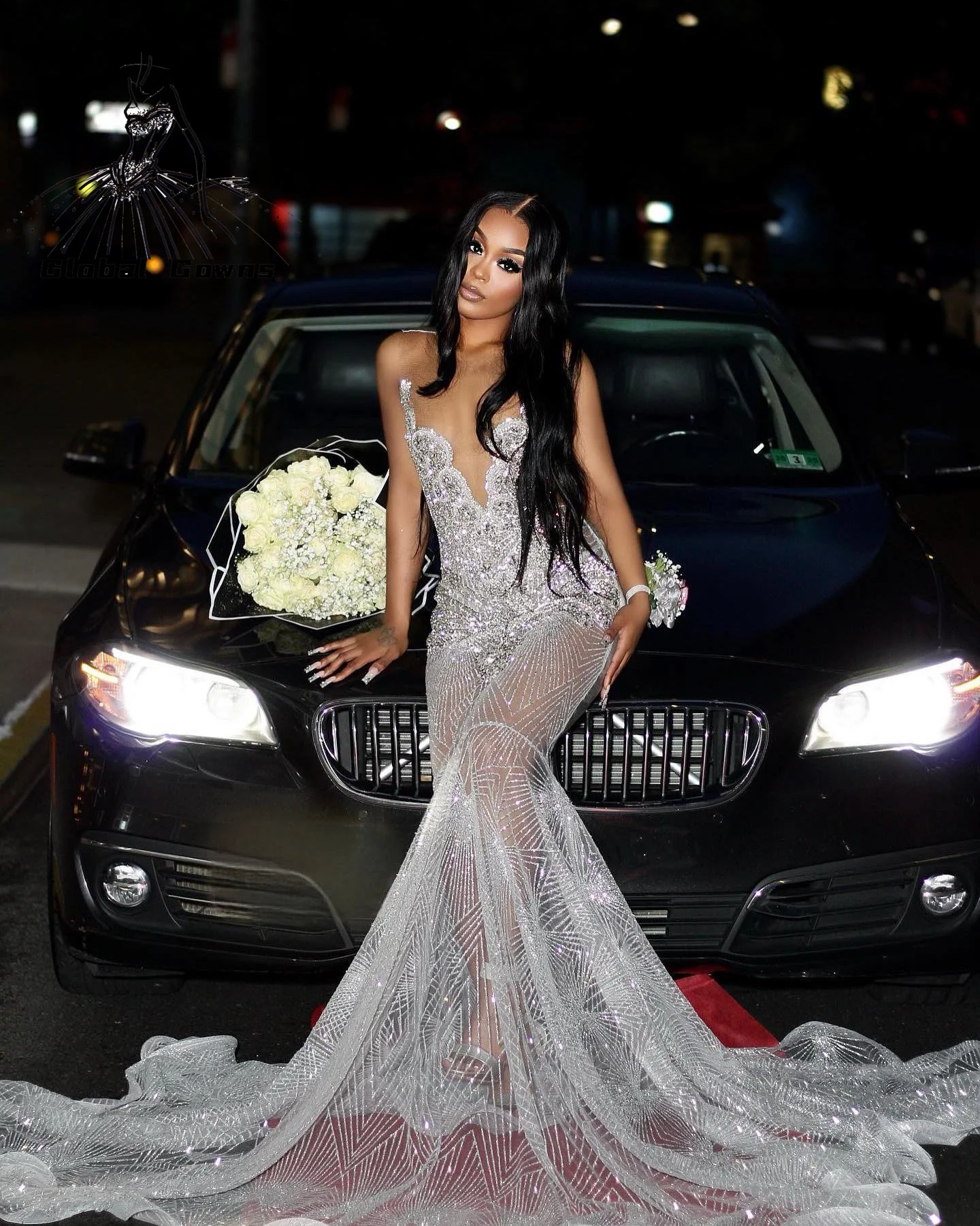 Silver Long Prom Dresses For Black Girls 2025 Beaded Evening Dress Celebrity Gown Crystal Tassel Birthday Party Gowns Customized