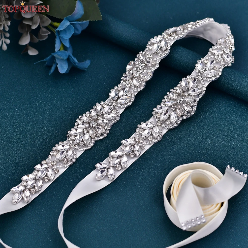 TOPQUEE-Cinturón de lujo para novia, cinturón de satén de lujo con diamantes de imitación, accesorios de boda, cinturón brillante S75