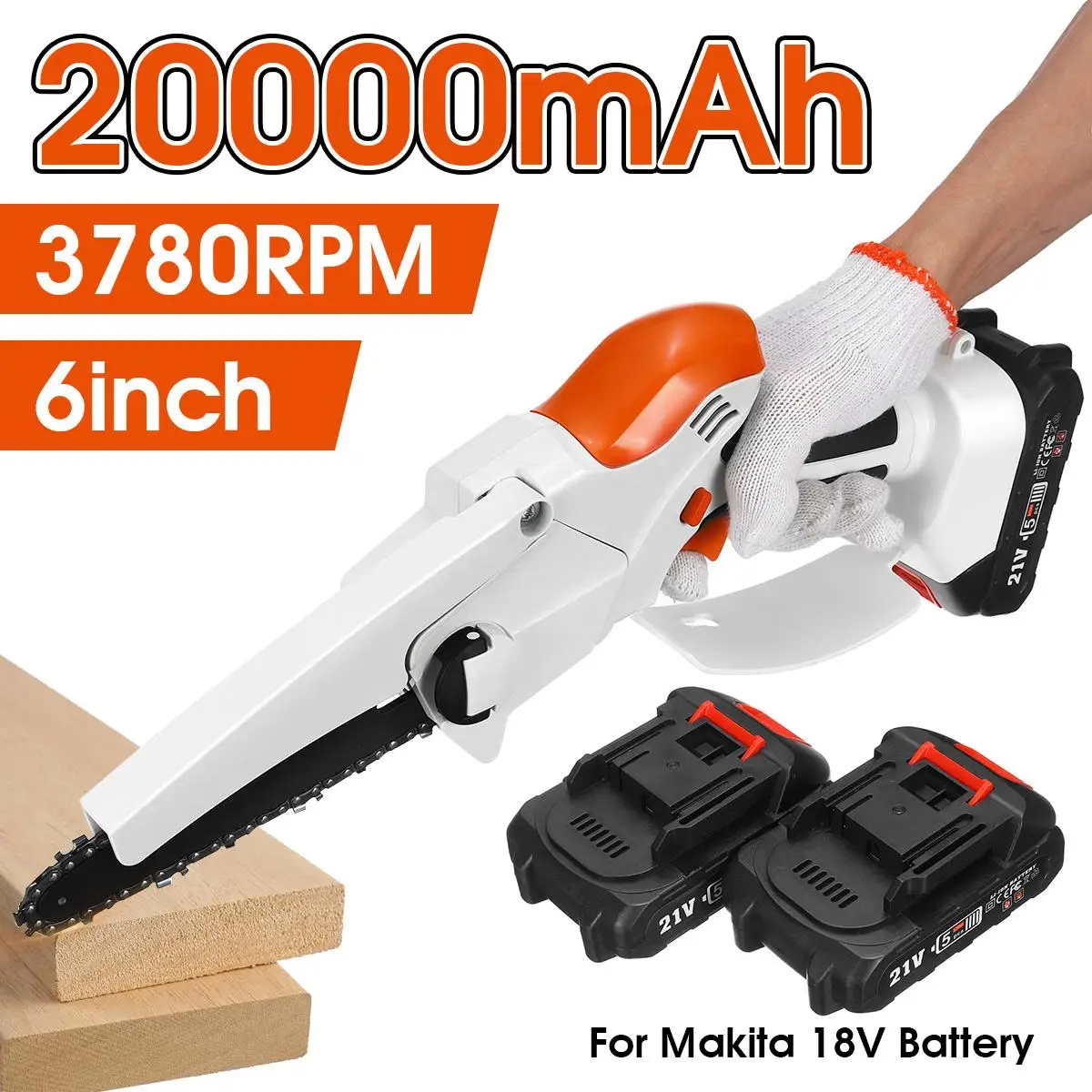 

20000mAh 21V 6 inch mini Electric Chain Saw Rechargeable Chainsaw 2 Batteries Pruning Garden Power Tool for Makita 18V Battery