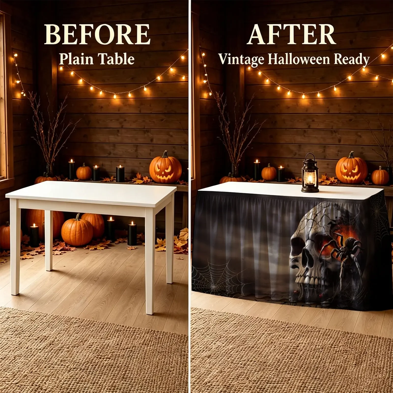 Halloween Christmas Party Scary Tablecloth Set - Black Skull Spider Web Background Printed Decoration