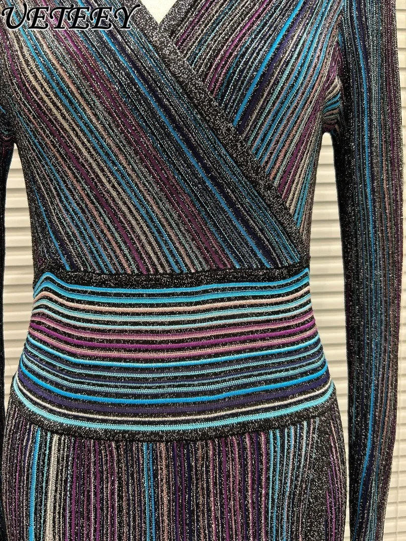 Spring Autumn New Temperament Striped Silver Thread Contrasting Colors Dress Slimming Long Sleeve V-neck Knitted Pleated Dresses