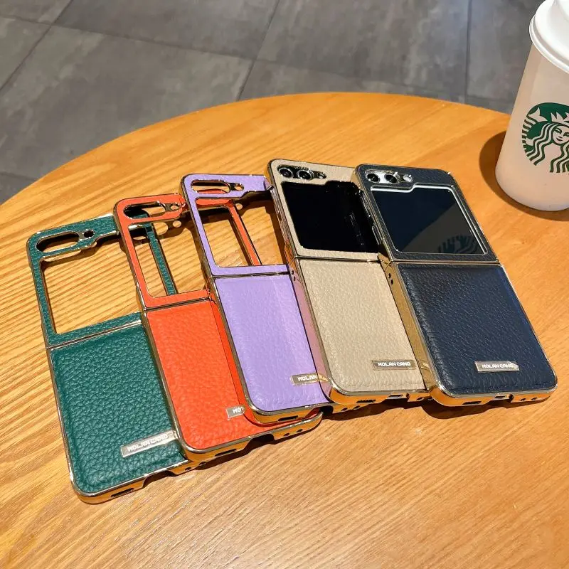 Luxury Leather Electroplated Hard PC Back Cover Case for Samsung Galaxy Z Flip 5 4 3