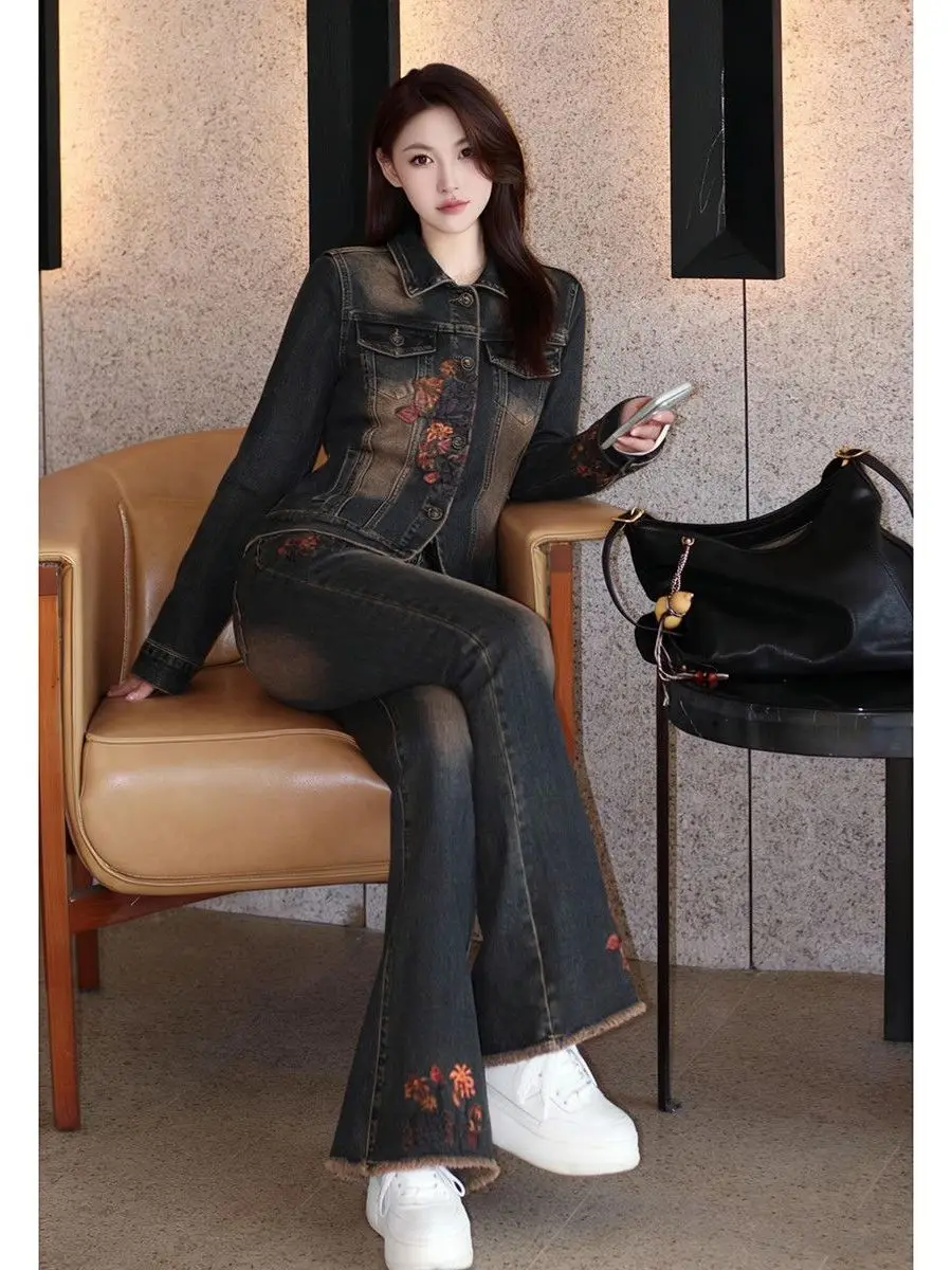 

Slim Fit Short Denim Jacket And Pants Set Women's Fashion Spring Collection Casual Style Two-Piece Suit Vintage Light Maturity