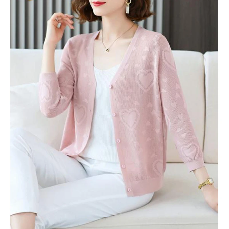 Women Korean Style Sexy Hollow Thin Elegant Knitwear Coat Spring Summer Ladies Solid V Neck Long Sleeve Button Knitted Cardigans
