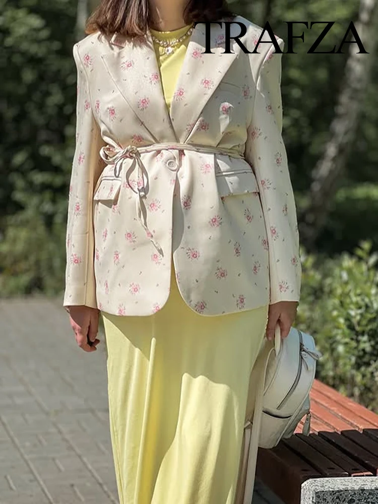 

TRAFZA Women's Autumn Fashion Printed Lapel Tie Thin Belt Suit Jacket Female One Button Temperament Slim Long Sleeve Casual Coat