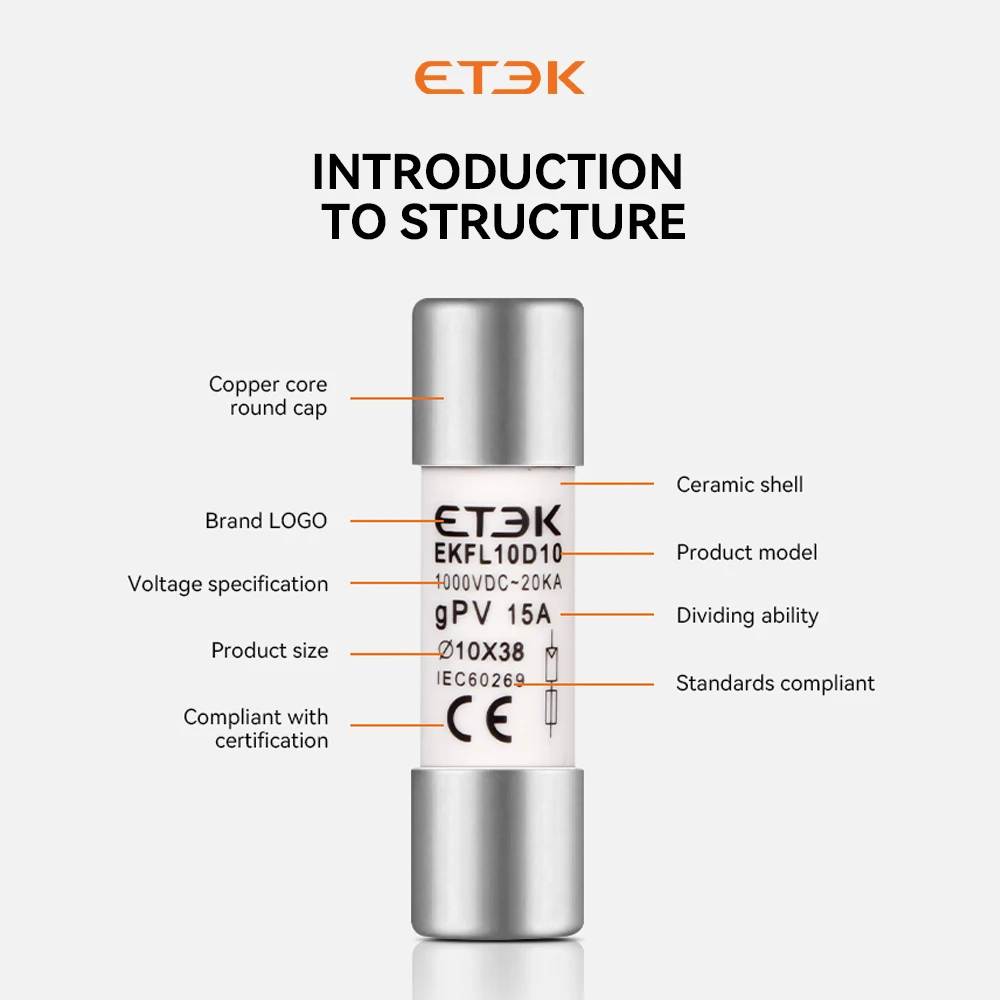 ETEK Solar DC 1000V PV Fuses 15A 20A 25A Ceramic GPV Fuse 10*38 10x38mm for Solar System Protection EKFL-10D