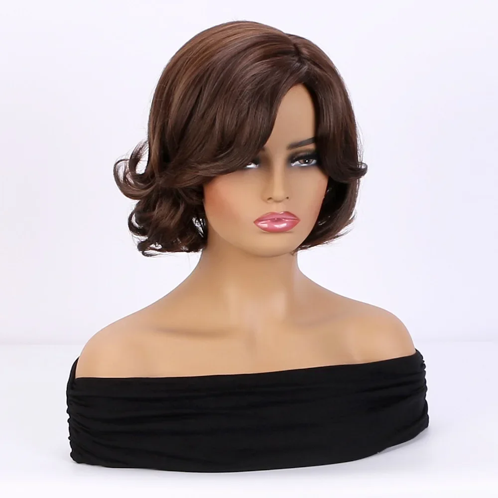 Perucas sintéticas curtas de corte pixie marrom com franja perucas de cabelo encaracolado para mulheres peruca cosplay diária fibra resistente ao calor