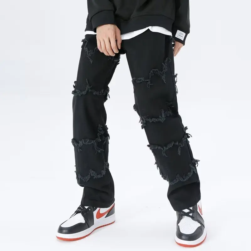 

2024 Cyber Y2K Streetwear Spliced Black Stacked New Jeans Pants For Men Clothes Straight Harajuku Fashion Long Trousers Pantalon