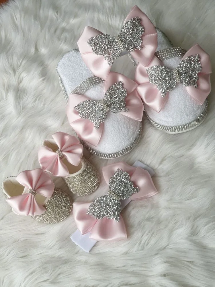 Dollbling Wholesale Pink Bowknot with Shinny Strass Crown Luxury Girls Toddler Newborn Baby Special Ocassion Shoes