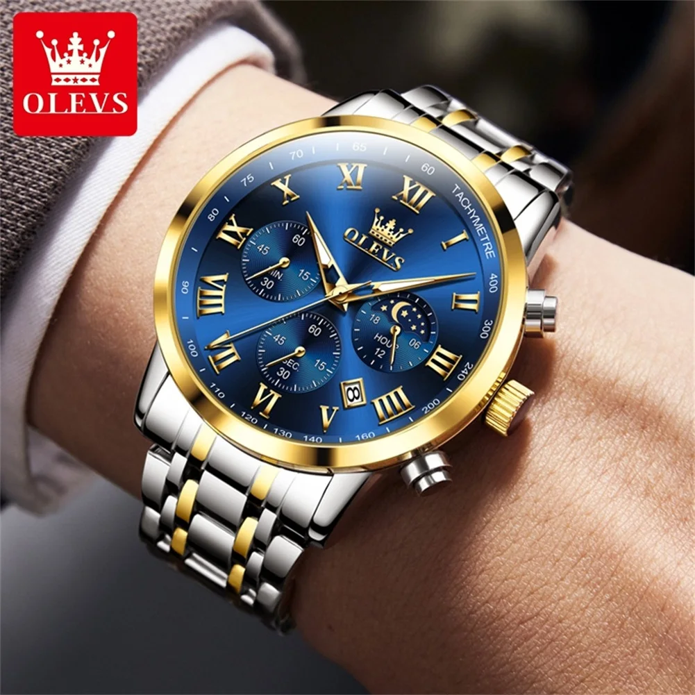 OLEVS TOP Brand Quartz Watch for Men Waterproof Moon Phase Luminous Stainless steel Calendar Sports Chronograph Man Wristwatches