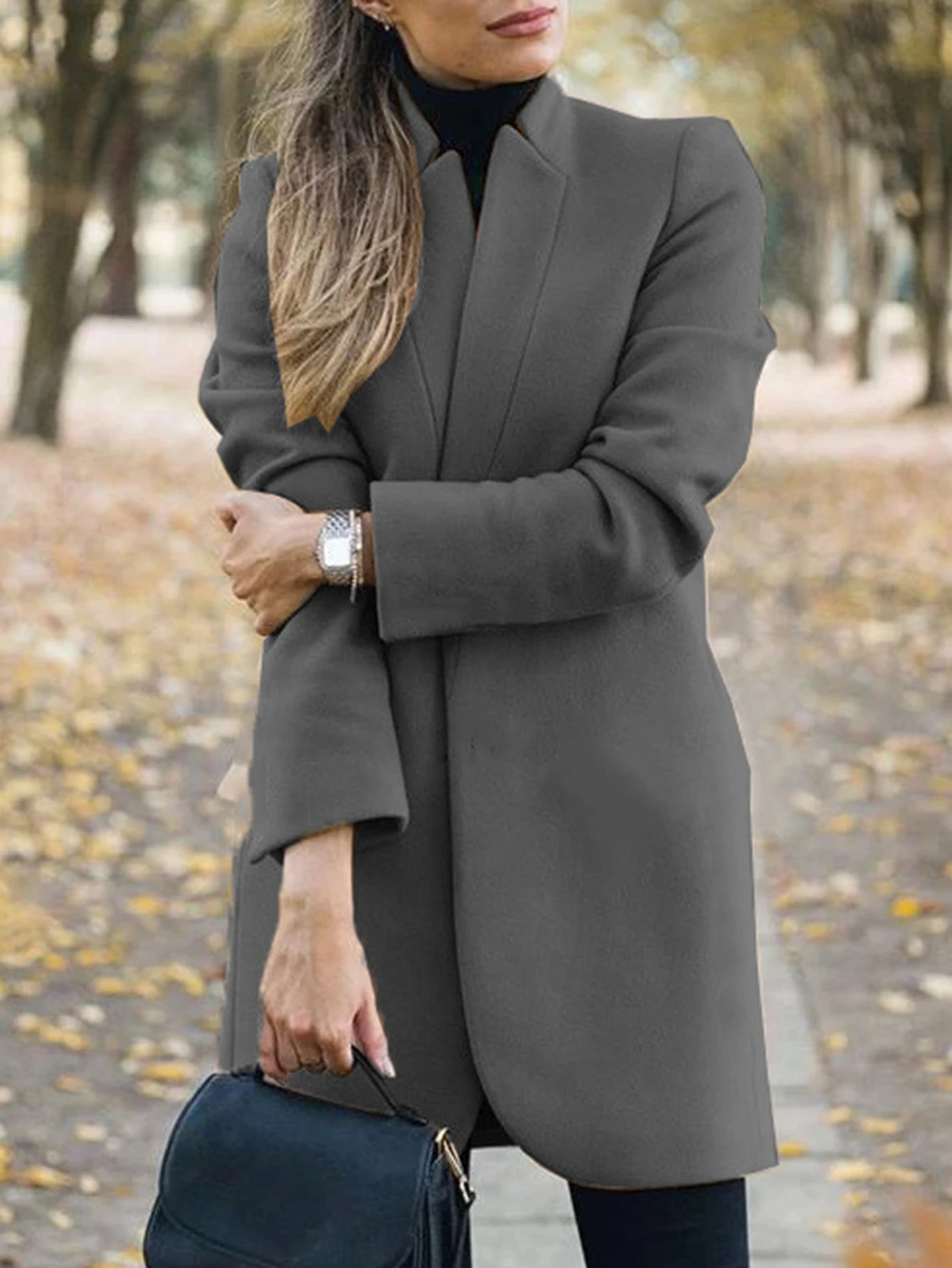 معطف نسائي طويل الأكمام برقبة على شكل حرف V بلون سادة للخريف والشتاء معطف كاجوال للمكتب اليومي مع جيوب صدر واحد للسيدات #1