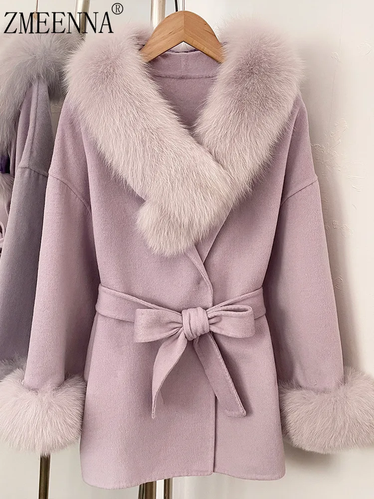 معطف نسائي أنيق من مزيج الصوف الخزامى من ZMEENNA مع أصفاد بياقة من الفرو الفاخر ملابس خارجية شتوية دافئة سترة قصيرة ZM4551 #1