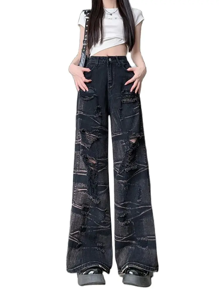 Women Black Gothic Y2k Ripped Jeans Harajuku Denim Trousers 90s Aesthetic Punk Emo Jean Pants Vintage 2000s Trashy Clothes 2024