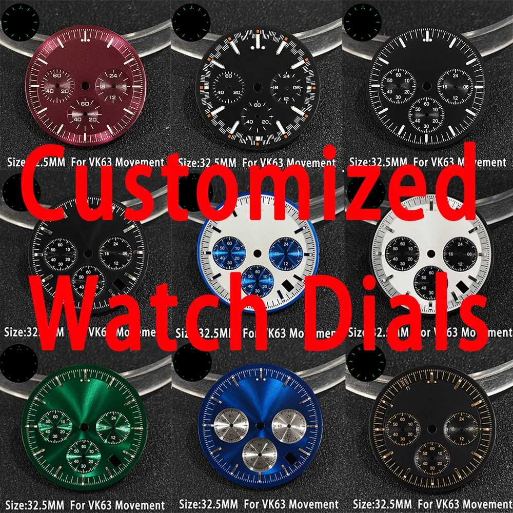 맞춤형 시계 VK63 다이얼 32.5mm C3 녹색 야광 다채로운 캘린더 창 미네랄 크리스탈 글라스 케이스 시계 액세서리