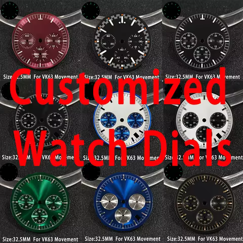 Customized Watch VK63 Dials 32.5mm C3 Green Luminous Multicolored Calendar Window For Mineral Crystal Glass Case Watch Accessory