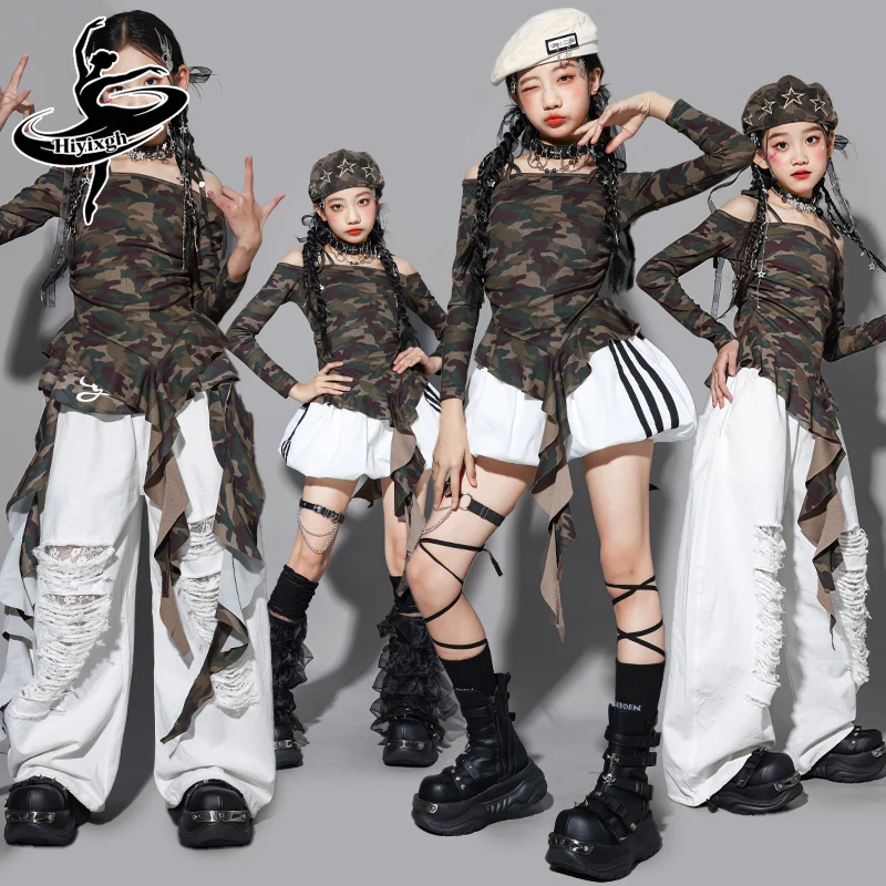 

Камуфляжный укороченный топ и брюки-карго для девочек в стиле K-pop ‌ Детская уличная одежда в стиле хип-хоп ‌ Детский комплект одежды для джазовых танцев: пышная юбка и топ для девочек