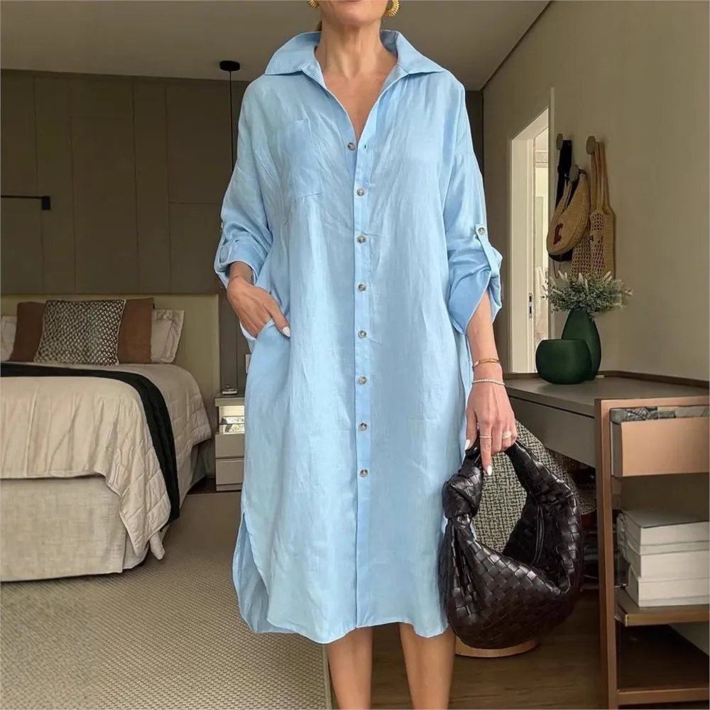 Casual Solid Color Loose Shirt Long Sleeved Women's Dresses New Spring Summer Fashion  Bagged Roll Sleeves Cardigan Female Dress