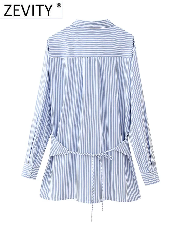 Zevity New Women Vintage Striped Print Split Asymmetrical Blouse Office Lady Chic Long Sleeve Shirt Chemise Blusas Tops LS5897