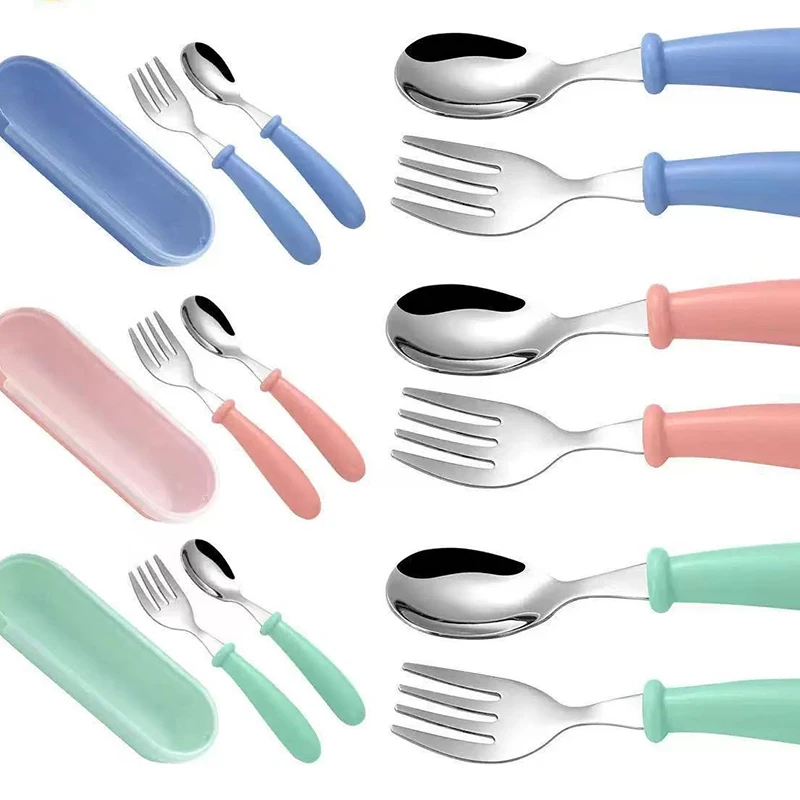 2PCS 만화 애니메이션 아기 이유식 숟가락 포크 세트 레터 패션 트레이닝 식기 유아용 안전한 짧은 손잡이 식기