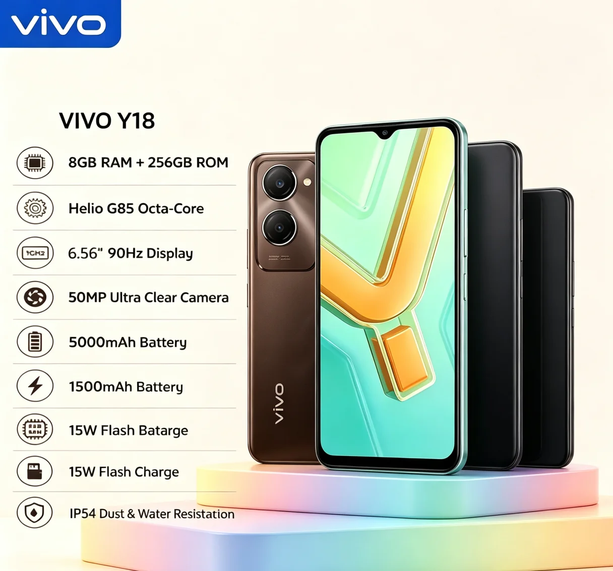New Arrival 2026 Brand New VIVO Y18 Android Cellphone 8GB RAM 256GB ROM 90Hz Refresh Display 5000mAh Big Capacity Battery