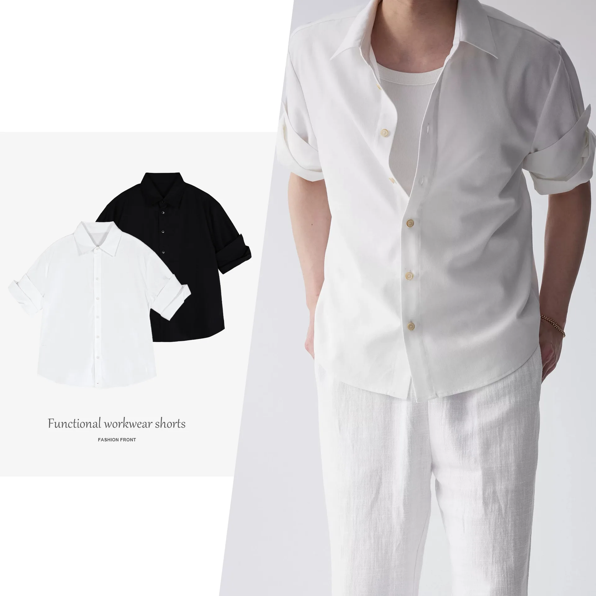 2026 Summer Linen Cotton and Linen Blend Old Money Wind Positive Shoulder Roll Sleeves Fit Short Sleeve Shirt Men