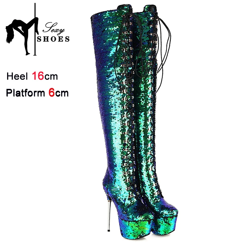 

Glitter Bling Bling Shiny Pole Dance Stripper Boot Winter Platform Shoes Thigh High Boots For Women Club Silver Overknees Heels