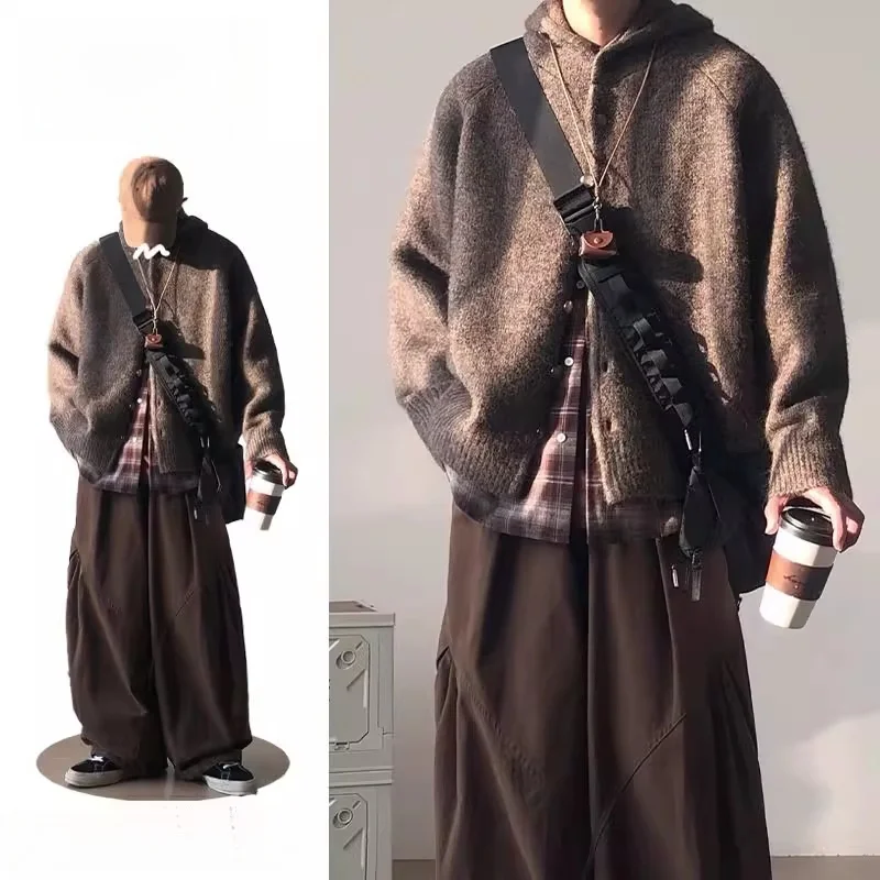 

Осенне-зимний мужской вязаный свитер ленивого цвета кофейного цвета, пальто свободного покроя с длинным воротником свека Ci Walk, подходящая верхняя одежда